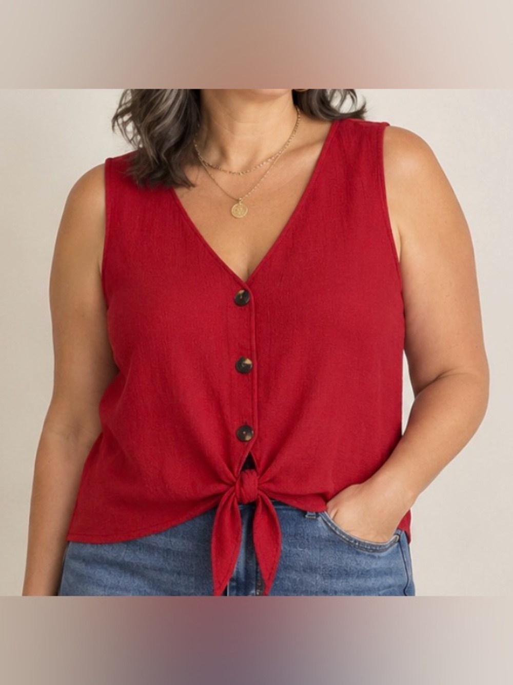 OLD NAVY Red Textured V-Neck Tie-Front Button Tank Size L